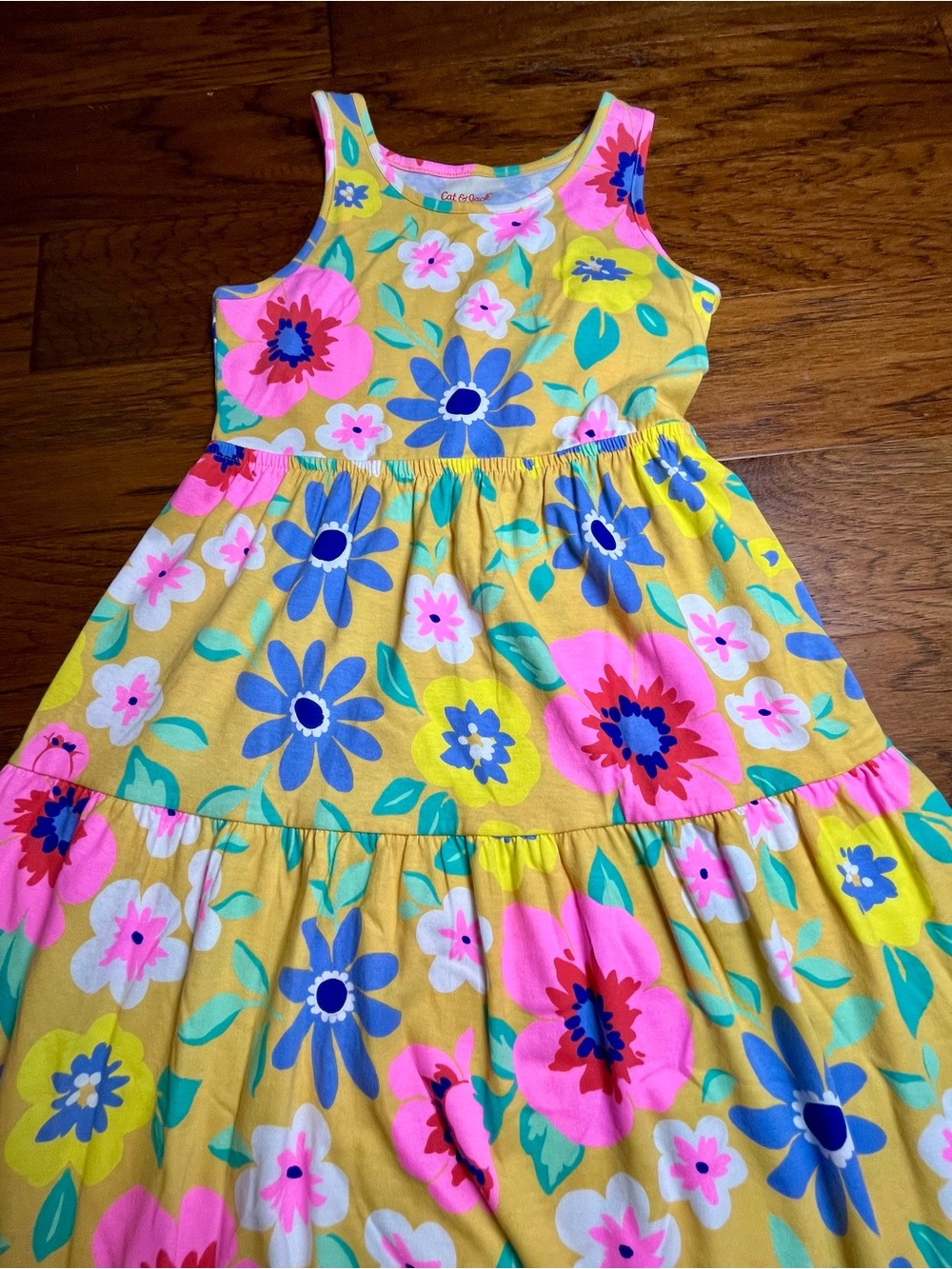 Cat & Jack Yellow Floral Tiered Sundress with Pink & Blue Flowers
